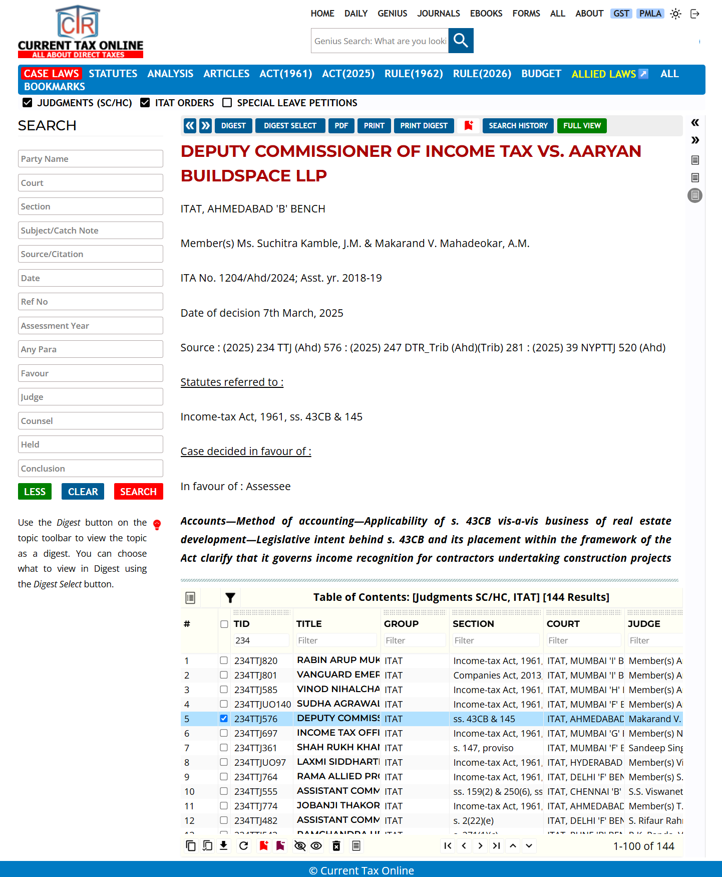 Current Tax Online digital tax research interface